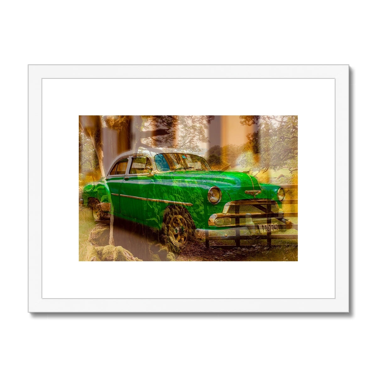 Green Car La Havana - Framed