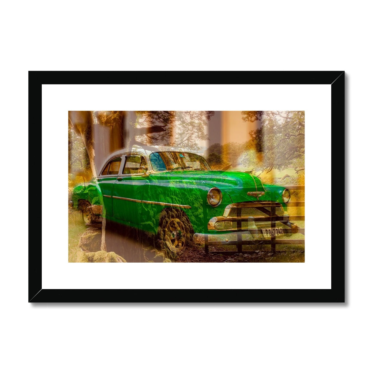 Green Car La Havana - Framed